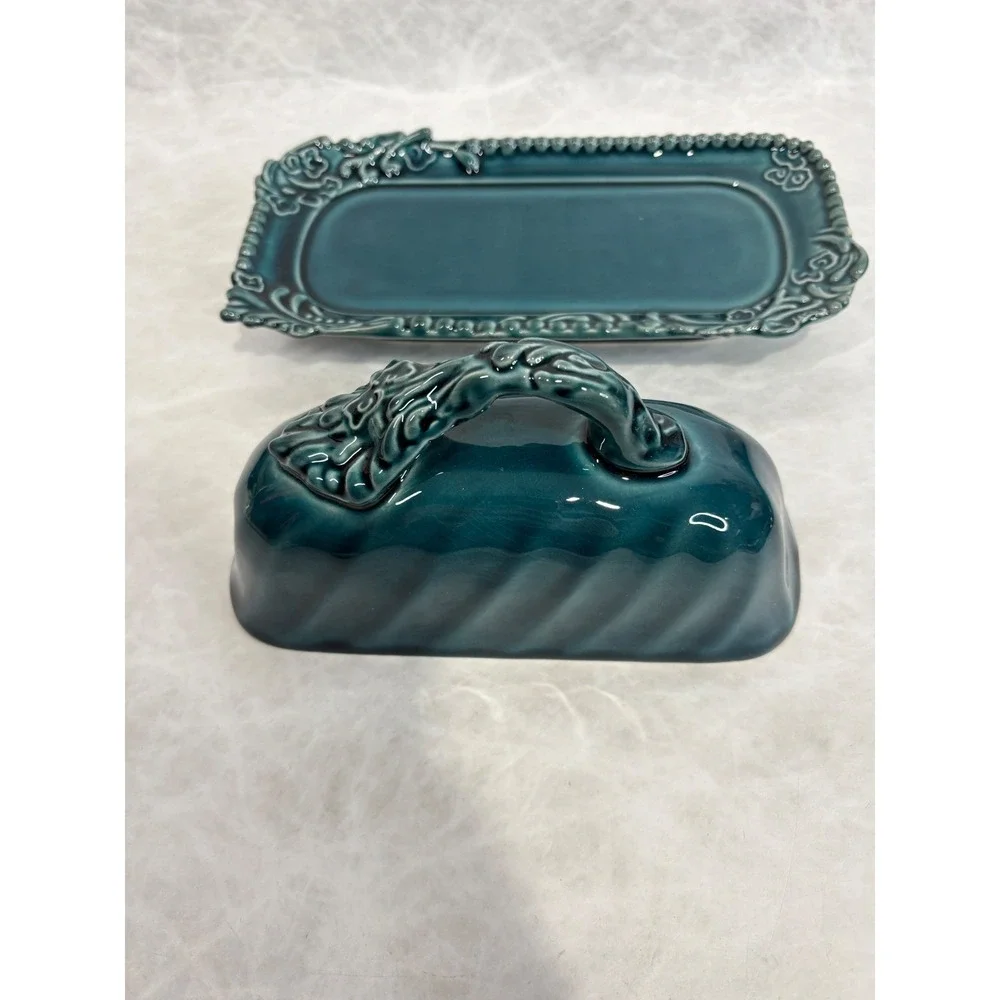 Anthropologie Teal‎ Ceramic Butter Dish with Lid Floral Scrollwork Detail
